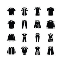 This image features a collection of simple icons representing various clothing items for men, women, and children.