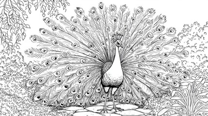Obraz premium Majestic Peacock Displaying Its Resplendent Feathers Amidst a Serene Garden Setting, Exuding Pride and Elegance in Fine Line Art Style