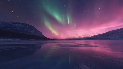 Northern lights reflecting on a frozen lake, with the night sky glowing in vibrant colors