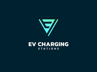Naklejka premium Electric vehicle charging with letter EV overlapping in triangle geometry logo vector design concept. EV charging logotype symbol for Electric Car, EV station, ui, business, clean energy, mobility.