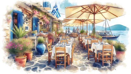 Charming Waterfront Dining Scene in Picturesque Coastal Village. generator AI