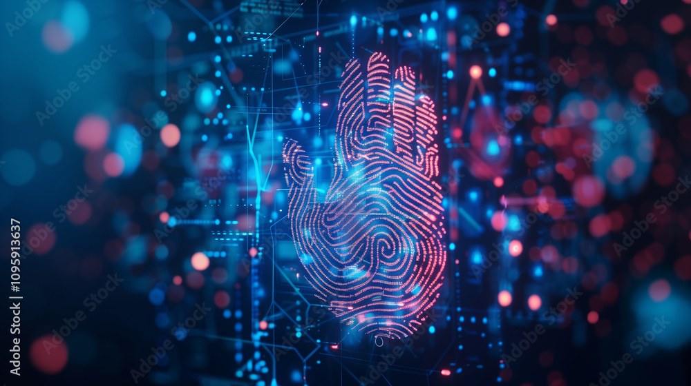 Poster ar projections of digital identity verifications, with layered visuals of fingerprints and encrypted