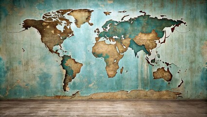 A weathered world map etched into a peeling teal wall, a room's empty floor reflecting age and exploration