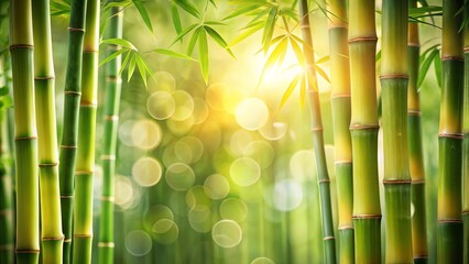 Fototapeta premium Serene Bamboo Grove Illuminated by Sunlight, Lush Greenery and Tranquil Atmosphere