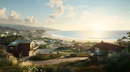 Real estate picture birds eye view neighborhood - A serene coastal landscape at sunrise with homes and a peaceful beach view.