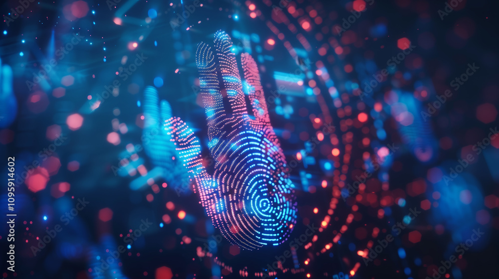 Poster ar projections of digital identity verifications, with layered visuals of fingerprints and encrypted