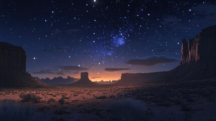 Fototapeta premium Star-filled night sky over a desert landscape, emphasizing vastness and solitude