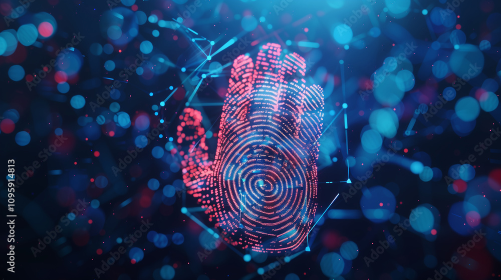Poster ar projections of digital identity verifications, with layered visuals of fingerprints and encrypted