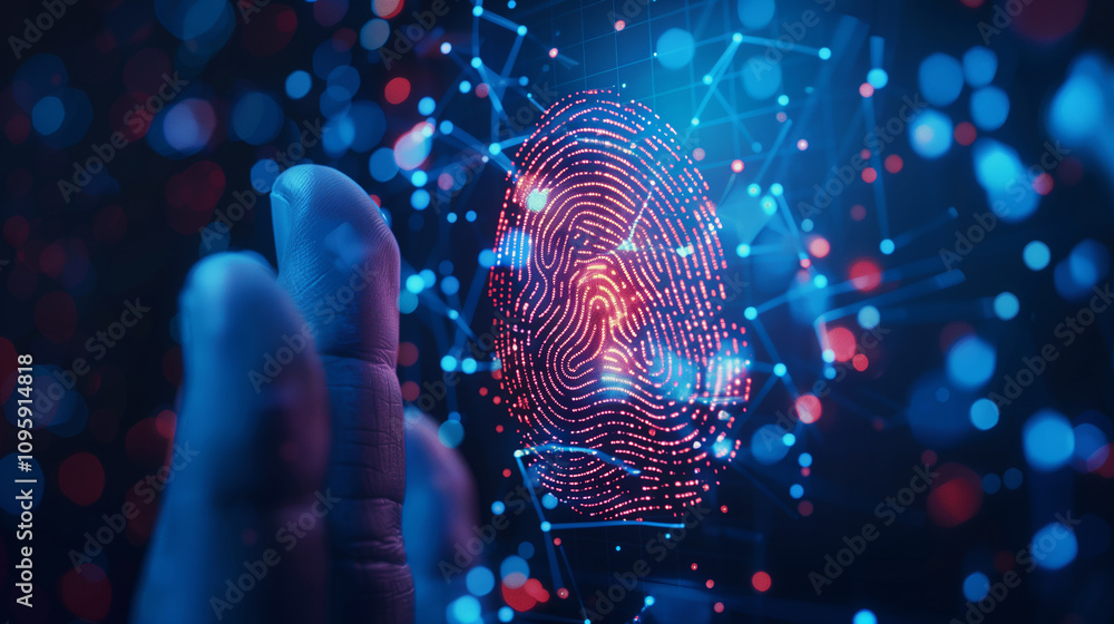 Poster ar projections of digital identity verifications, with layered visuals of fingerprints and encrypted