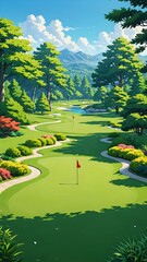 golf course in home yard, anime art 