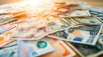 Obraz premium Scattered Currency Notes on Table with Dramatic Lighting