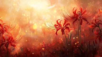 Red Spider Lily Flowers in Soft Golden Light