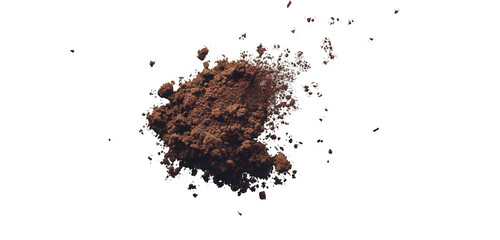 Dynamic display of flying soil and dirt particles on a clean white background.
