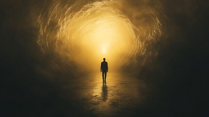 Individual embracing light in mystical tunnel abstract concept