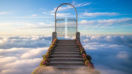 In the clouds, a gate and stairway represent paradise.
