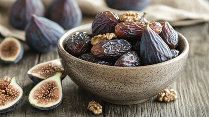 A rustic kitchen scene with a bowl of dried dates, walnuts, and fresh figs on a weathered wooden counter