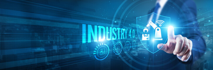 Businessman hand touches a shield, Industry 4.0 security, automation, integration. The concept represents safeguarding data privacy, cybersecurity threats, intellectual property, process optimization.