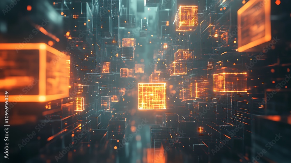 Poster abstract technology background with glowing cubes. 3d rendering toned image double exposure - genera