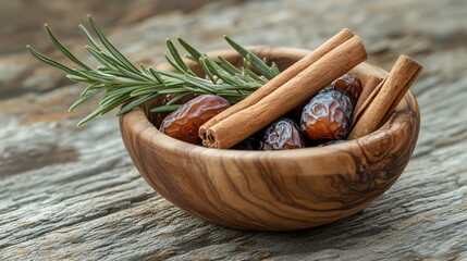 A wooden bowl filled with dried dates, cinnamon sticks, and a sprig of rosemary on a weathered surface