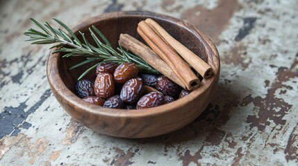 A wooden bowl filled with dried dates, cinnamon sticks, and a sprig of rosemary on a weathered surface