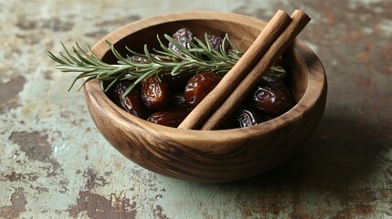 A wooden bowl filled with dried dates, cinnamon sticks, and a sprig of rosemary on a weathered surface
