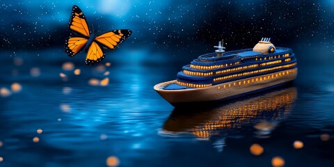 Cruise Ship at Night Butterfly Sparkling Water Dreamy Scene