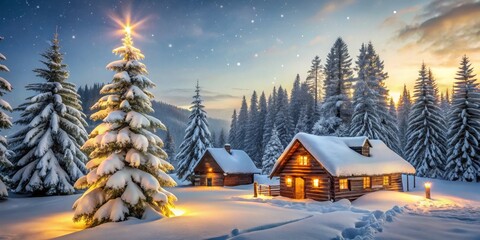 Fototapeta premium Winter Wonderland Illuminated Cabins and Snowy Forest at Twilight