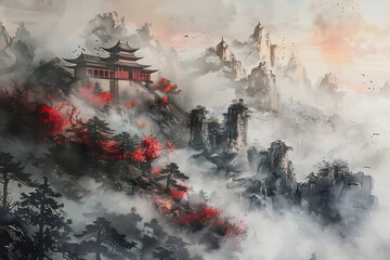 Misty mountains with a serene temple on a peak.