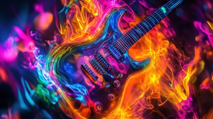 Fototapeta premium Electric guitar surrounded by holographic flames, dark background, intense colors