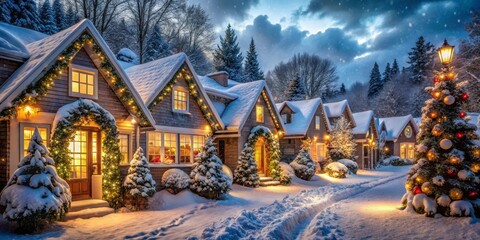 Fototapeta premium Snow-Covered Christmas Village Illuminated Houses, Festive Decor, Winter Night Scene