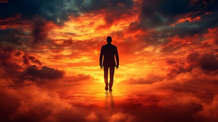 Obraz premium Man walking towards horizon amidst colorful sunset skies