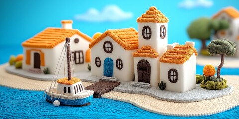 Obraz premium Charming Coastal Village Scene Handmade Houses Boat Ocean