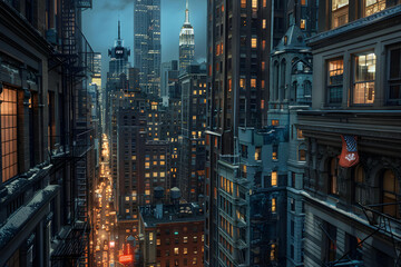 Cityscape under twilight with tall buildings lights on