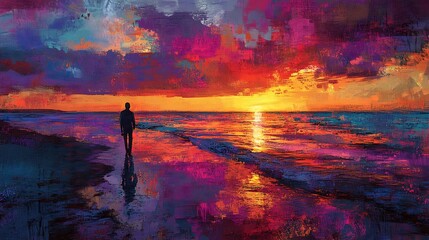 Fototapeta premium Sunset walk on the beach coastal landscape digital art serenity