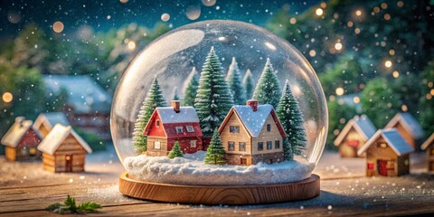 Naklejka premium Enchanted Winter Village Snow Globe Miniature Houses, Snowy Scene, Christmas Decor, Festive Photography Christmas,Snow Globe