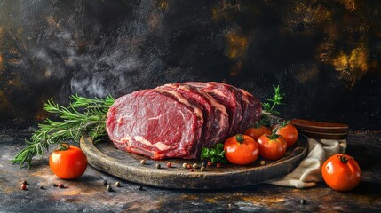 Fresh Raw Meats on Wooden Board with Herbs and Tomatoes