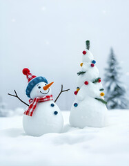 Fototapeta premium Building a Christmas tree with the snowman