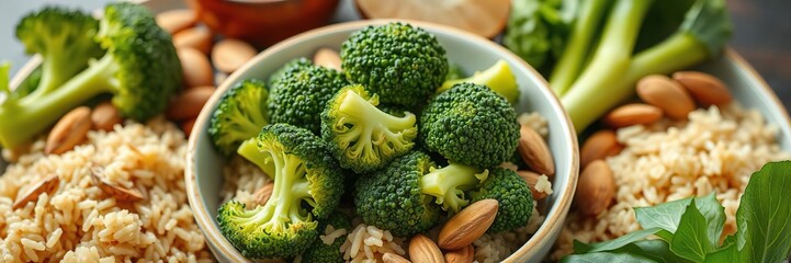 A bowl of steamed broccoli florets surrounded by other nutritious ingredients like brown rice and almonds creating a balanced and wholesome meal, whole grain rice, healthy meals