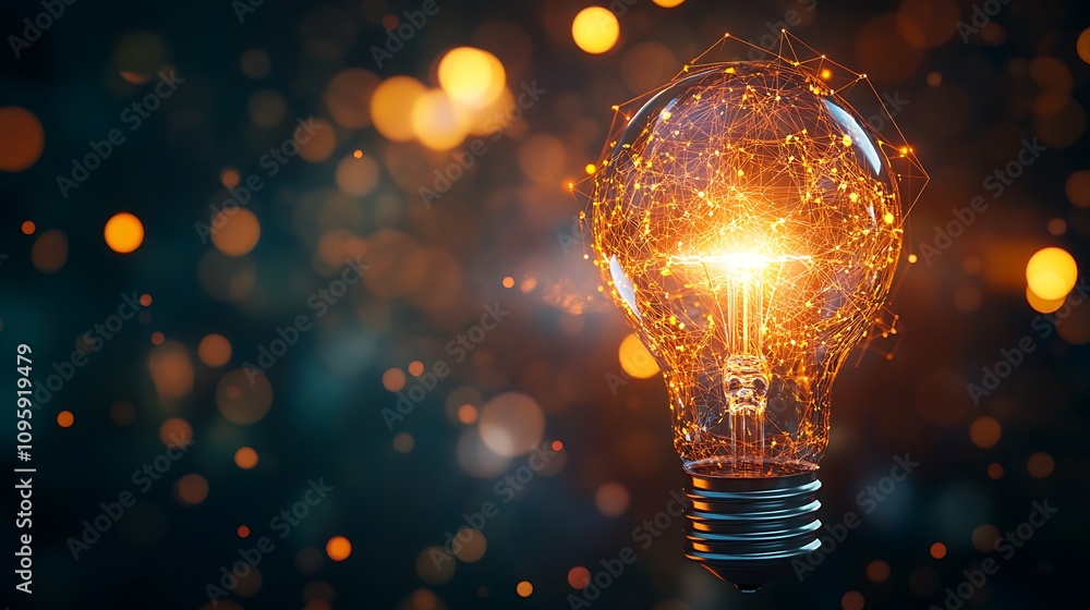 Poster glowing light bulb on bokeh background. 3d rendering - generated ai