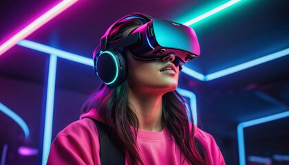 Virtual reality gaming experience, person wearing VR headset, immersive environment, neon colors