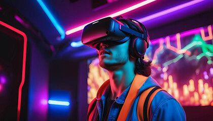 Virtual reality gaming experience, person wearing VR headset, immersive environment, neon colors