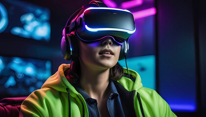 Virtual reality gaming experience, person wearing VR headset, immersive environment, neon colors