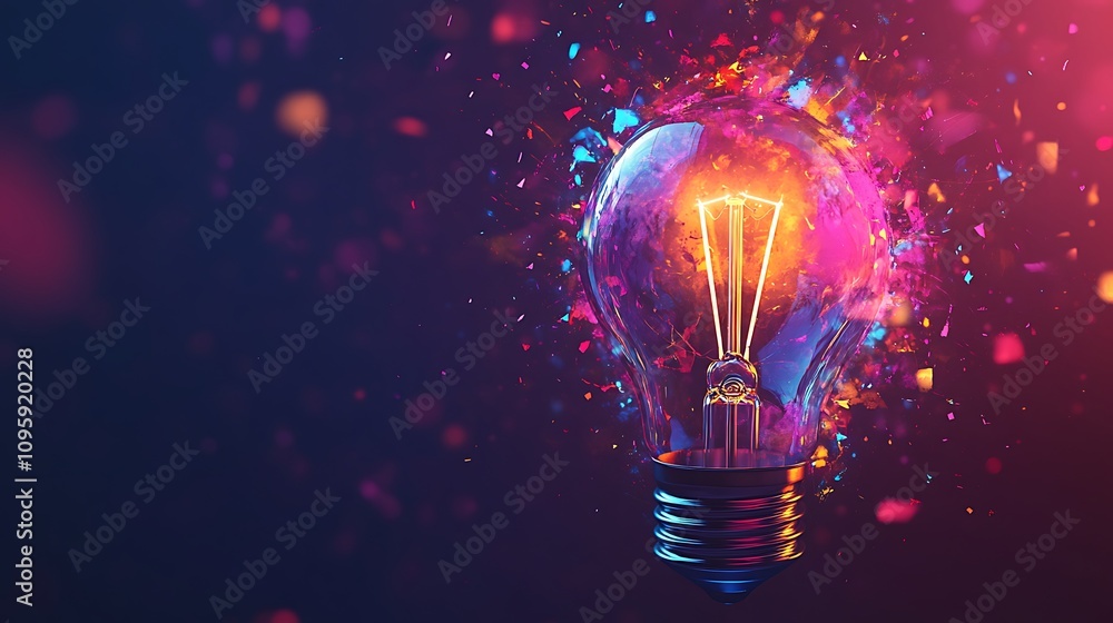 Poster glowing light bulb on colorful background. idea concept. 3d rendering - generated ai