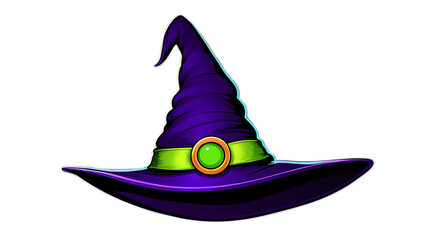 A Creepy Witch Hat with a Purple Band and a Green Glow, Isolated on Transparent Background