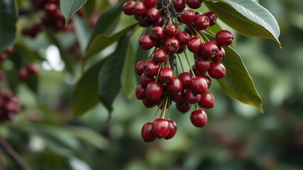 Obraz premium A cluster of red cherry coffee beans hanging from a tree branch, nature, coffee beans, beans