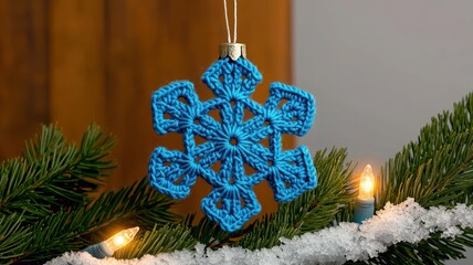 A vibrant blue snowflake ornament hangs on a festive tree, surrounded by greenery and soft white snow, adding a touch of winter charm.