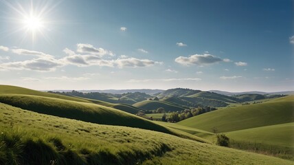 Rolling green hills under a clear blue sky during a sunny day in a countryside background