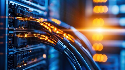 Naklejka premium business strategy operations scalability concept. A close-up view of network cables connected to servers, highlighting the glowing connections in a data center environment.