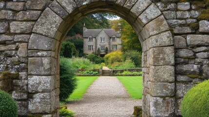 stone archway leading into a secret garden, hidden behind an old manor house