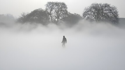 of a man walking through a dense fog in a forest, trees faintly visible in the background.Double Exposure.[men]:[Fog in nature] 
